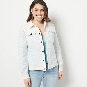 Dennis Basso Mixed Media Faux Leather & Tweed Jacket Blue & White Size 4